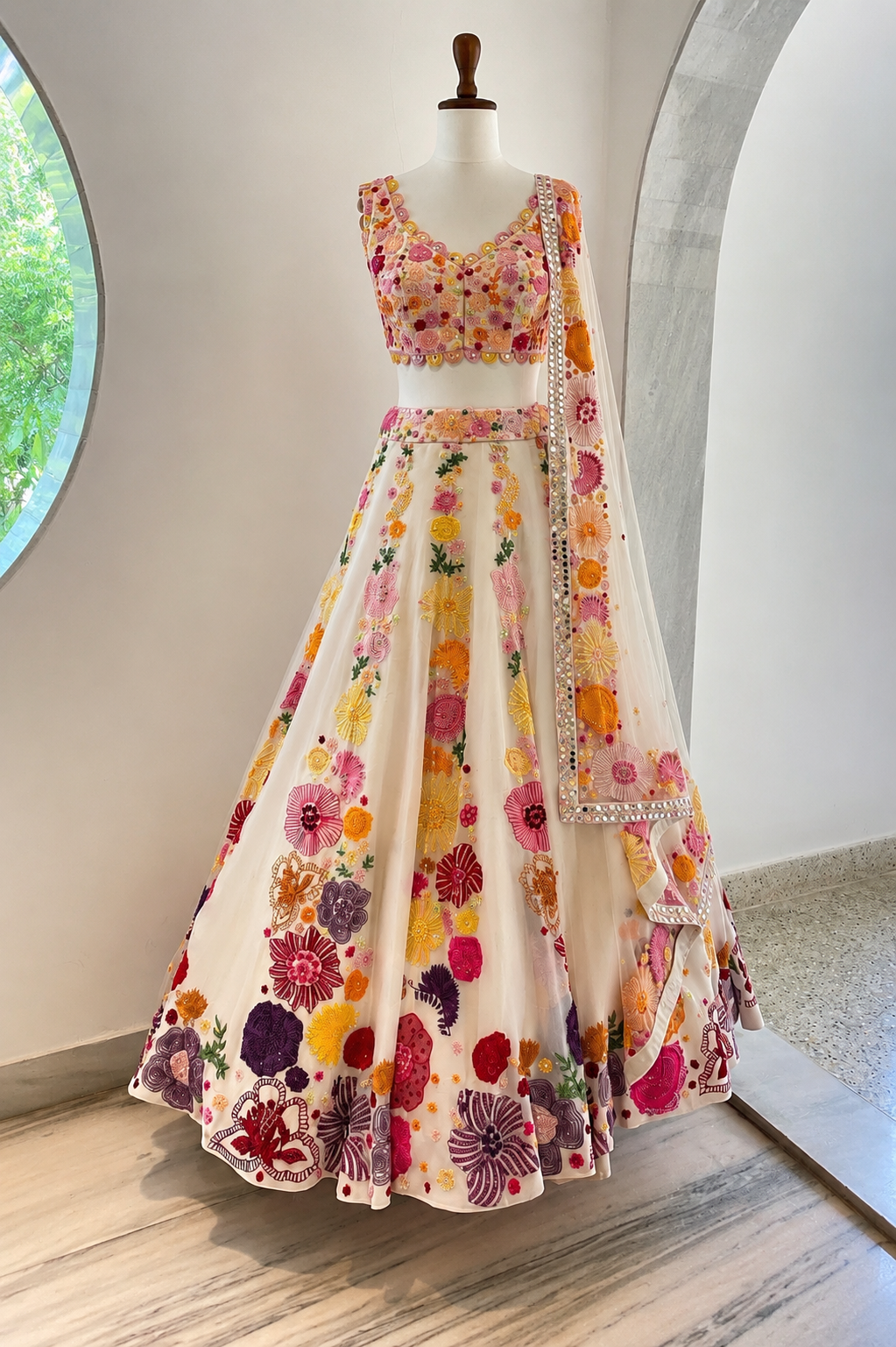 Off White Multi-Thread & Sequin Embroidered Semi-Stitched Lehenga Choli