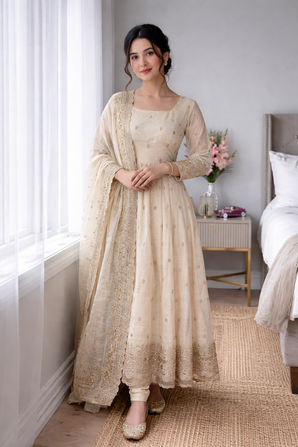 Woman in a beige traditional outfit standing in a bedroom.
