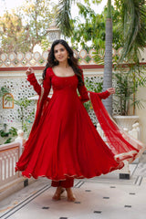 Red Anarkali Suit with Hand Work with Embroidered lace border dupatta