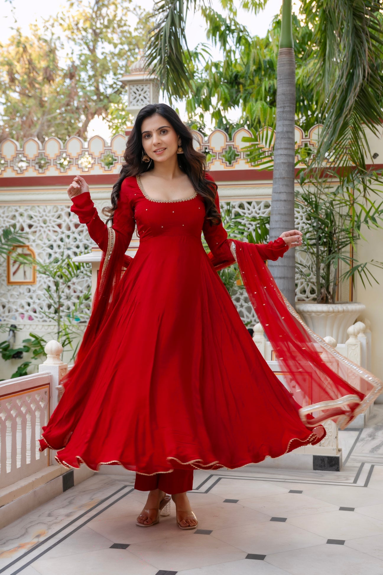 Red Anarkali Suit with Hand Work with Embroidered lace border dupatta