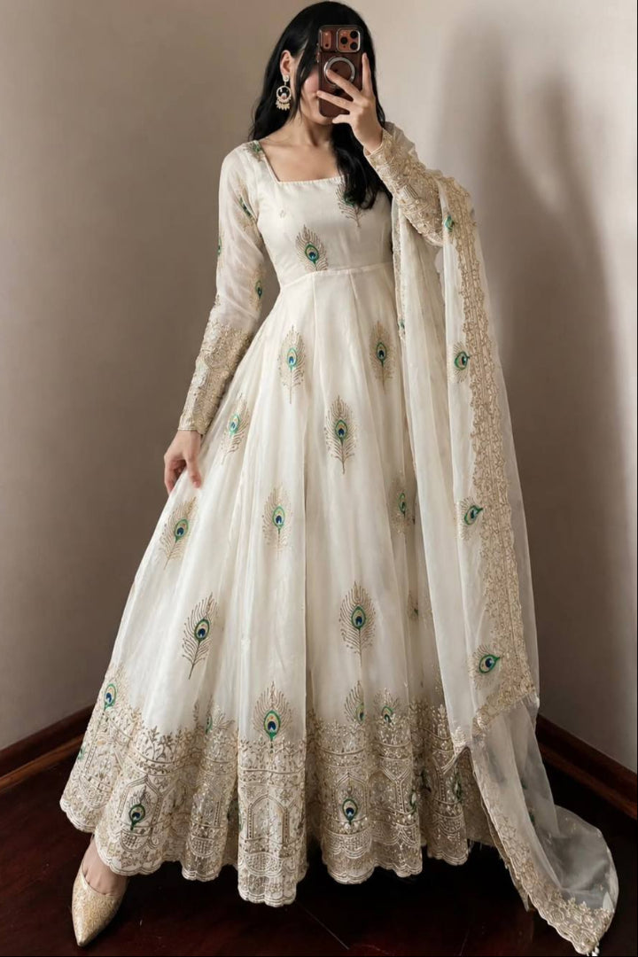 Peacock feather Ivory Silk Anarkali Suit With Detailing