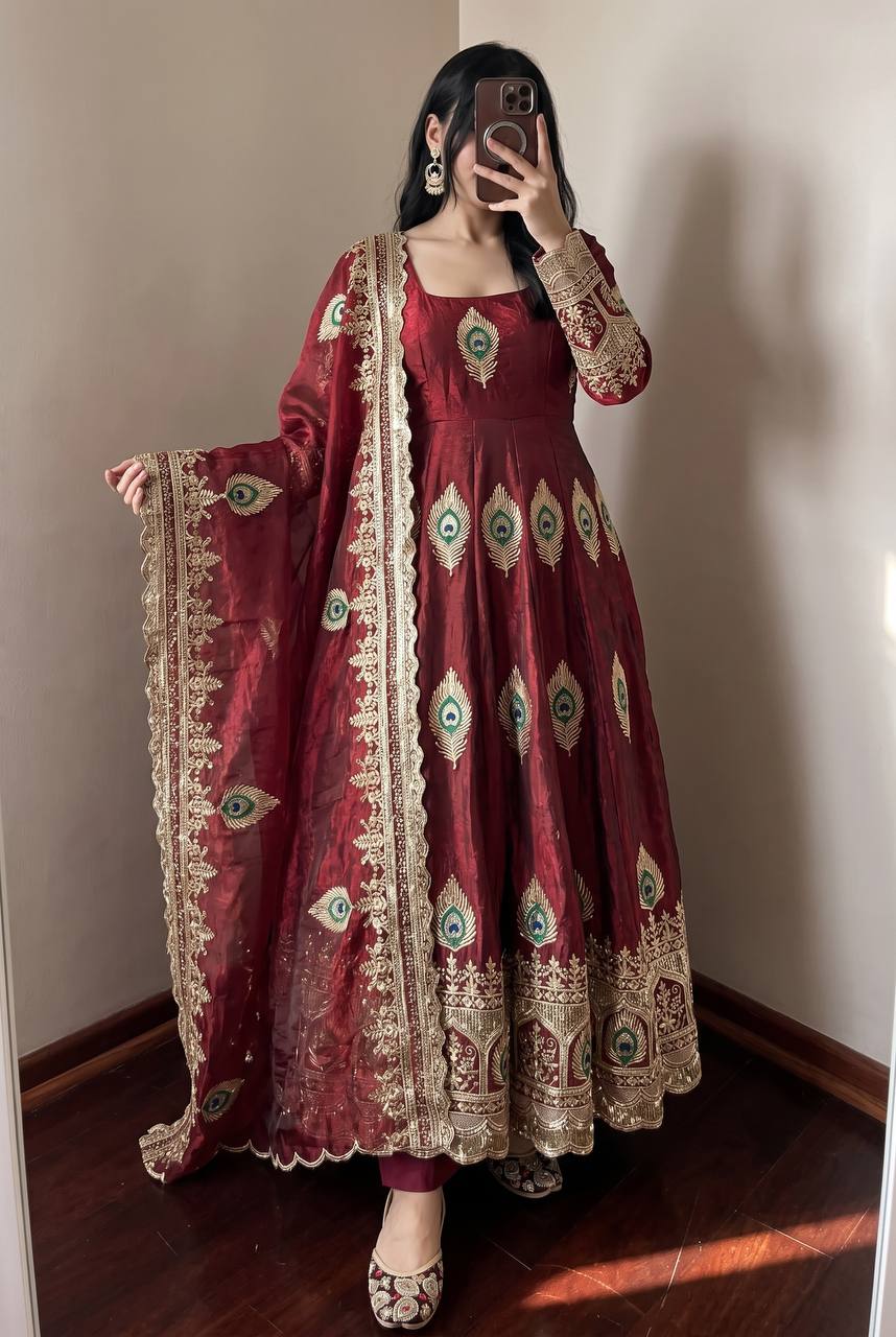 Peacock Maroon Silk Anarkali Suit With Detailing