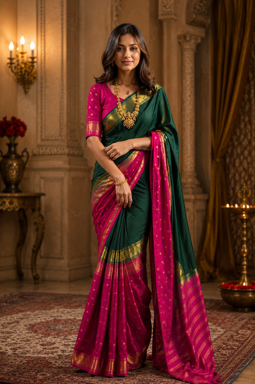 Rich Dark Green & Pink Traditional Zip & Go Silk Saree