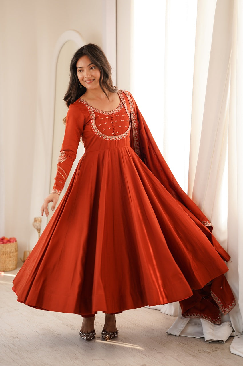 Rust Orange Chanderi Silk Embroidered 16 Kali Anarkali Suit