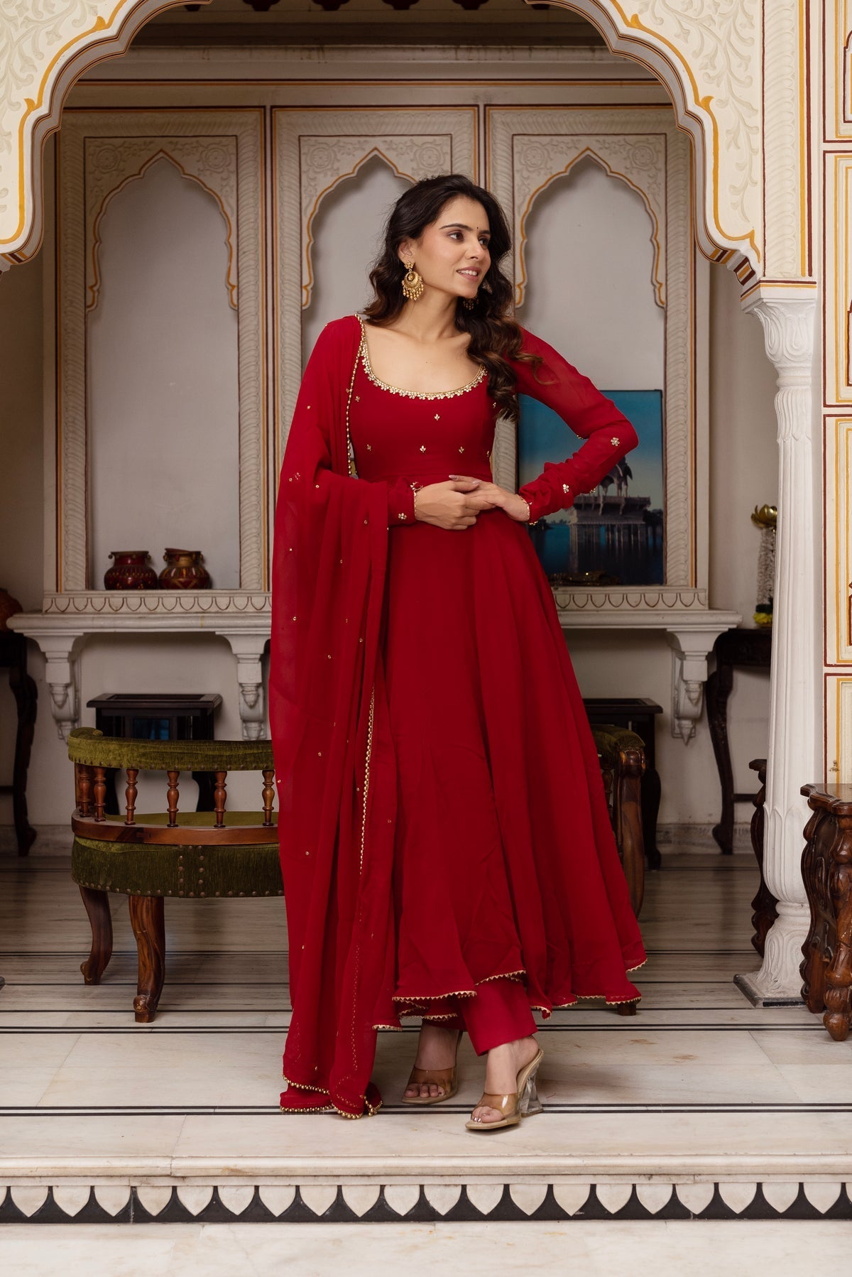 RED COLOR GEORGETTE BASE HAND WORK ANARKALI SUIT SET