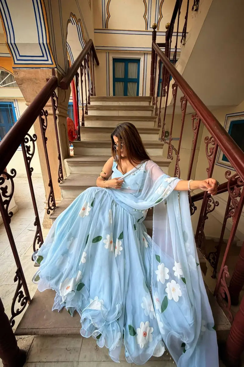 Sky Blue Floral Print Lehenga Saree With Blouse Material
