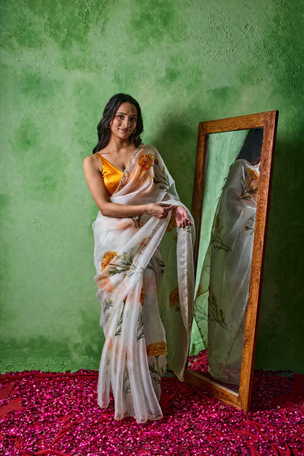 Marigold white organza silk saree