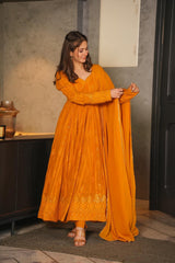 Embellished Mustard Yellow Chikankari Work Gown
