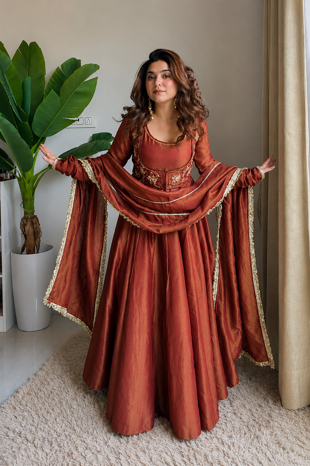 Rust Orange Embroidery Work Koti Anarkali Suit