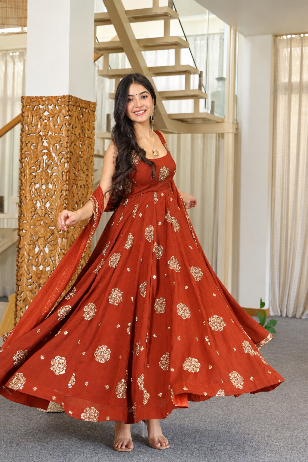 Rust Orange Karishma Silk Embroidery Anarkali Suit