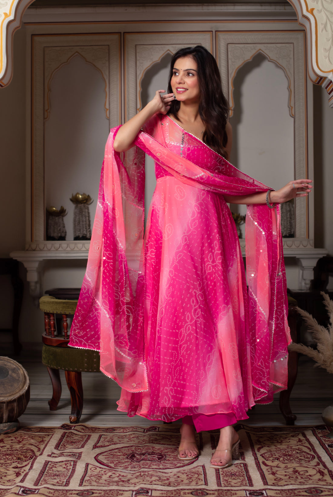 Menaka Pink Bandhej Print Anarkali Suit Set