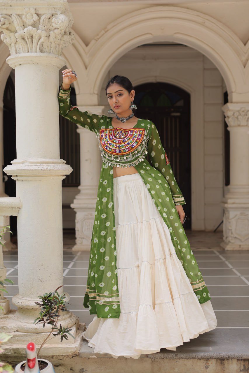 Green Vibrant Bandhani-Print Long Kurti With Cotton Frill Lehenga