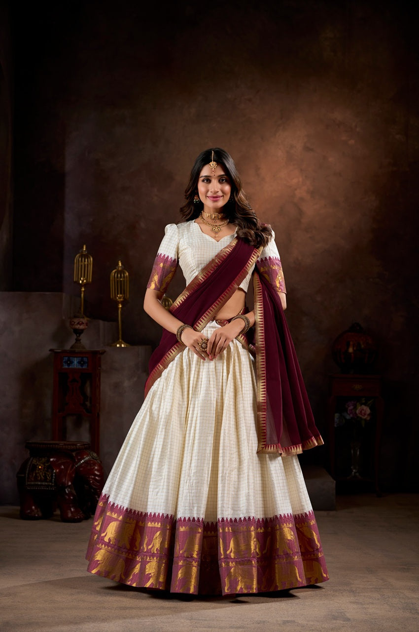 White And Maroon Color Poly Cotton Chex Onam Half Saree