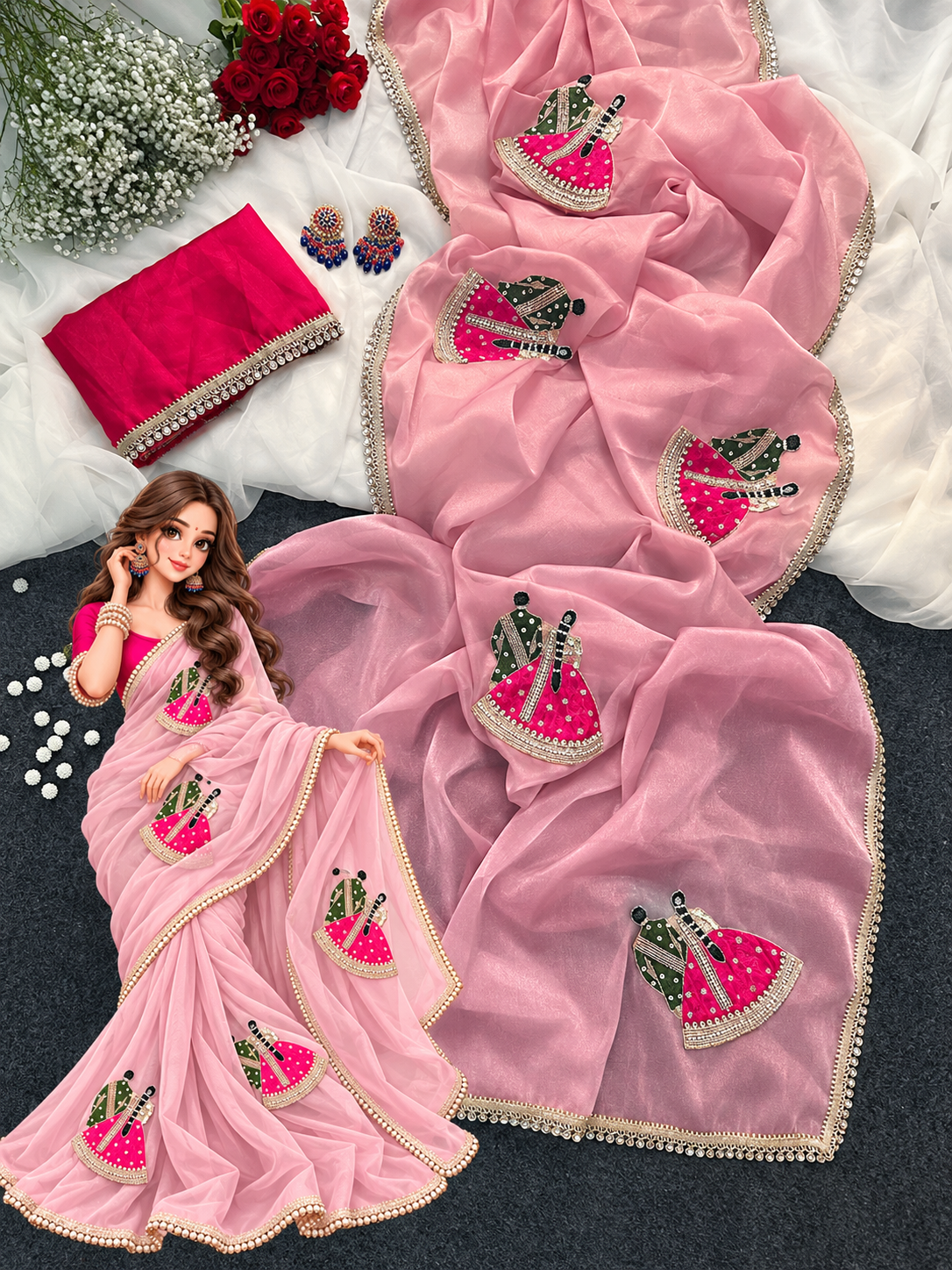 A pink georgette saree with embroidered floral motifs and a matching pink blouse, arranged on a dark surface with white fabric, red roses, and earrings as styling props.