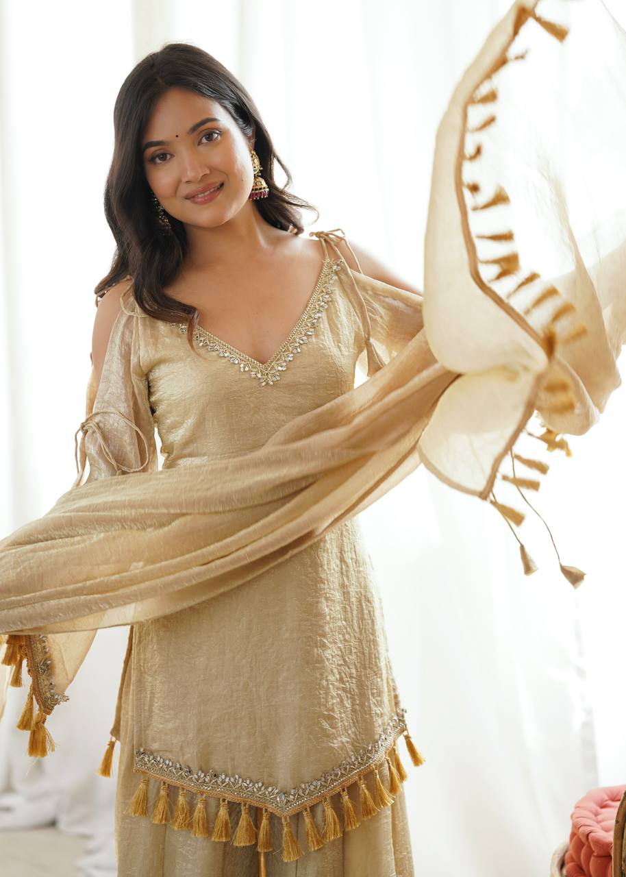 Gold Color Mirror & Tassel Work Ethnic Suit Set