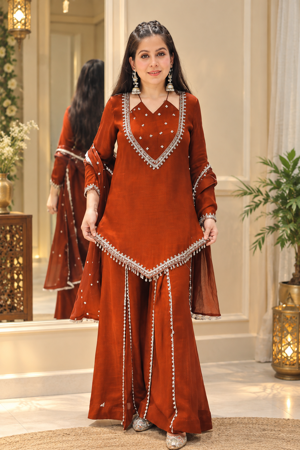 A woman models a rust-brown traditional Indian salwar kameez suit with silver mirror work embroidery, set against an elegant indoor background with a mirror reflecting her back.