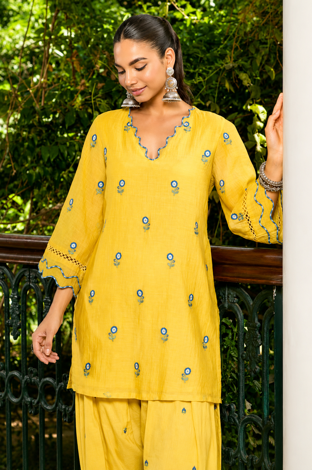 Yellow Embroidered Chanderi Kurta with Farshi Salwar