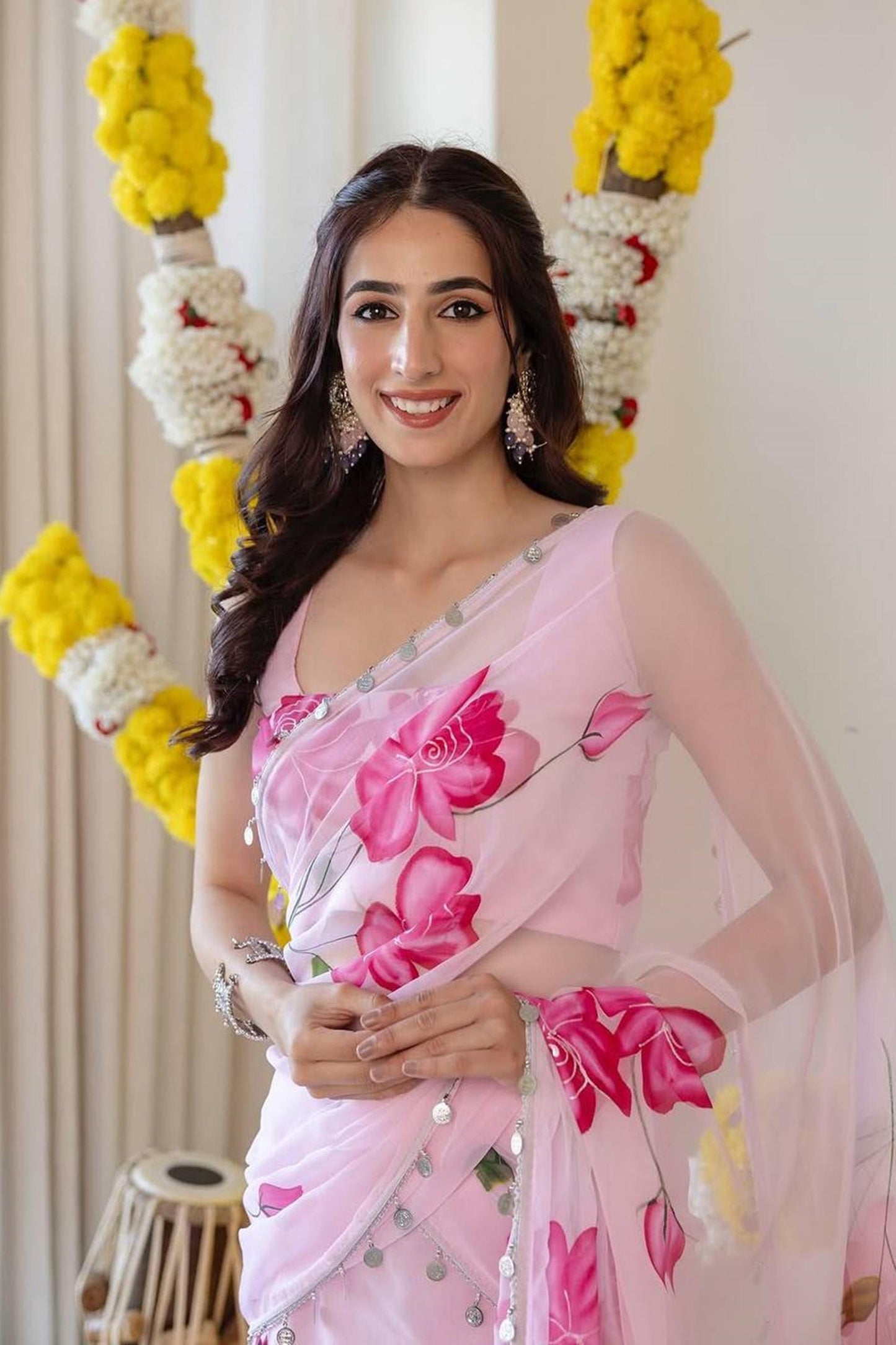 Light Pink Floral Georgette Ruffle Lehenga Saree with Stitched Blouse
