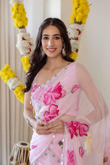 Light Pink Floral Georgette Ruffle Lehenga Saree with Stitched Blouse