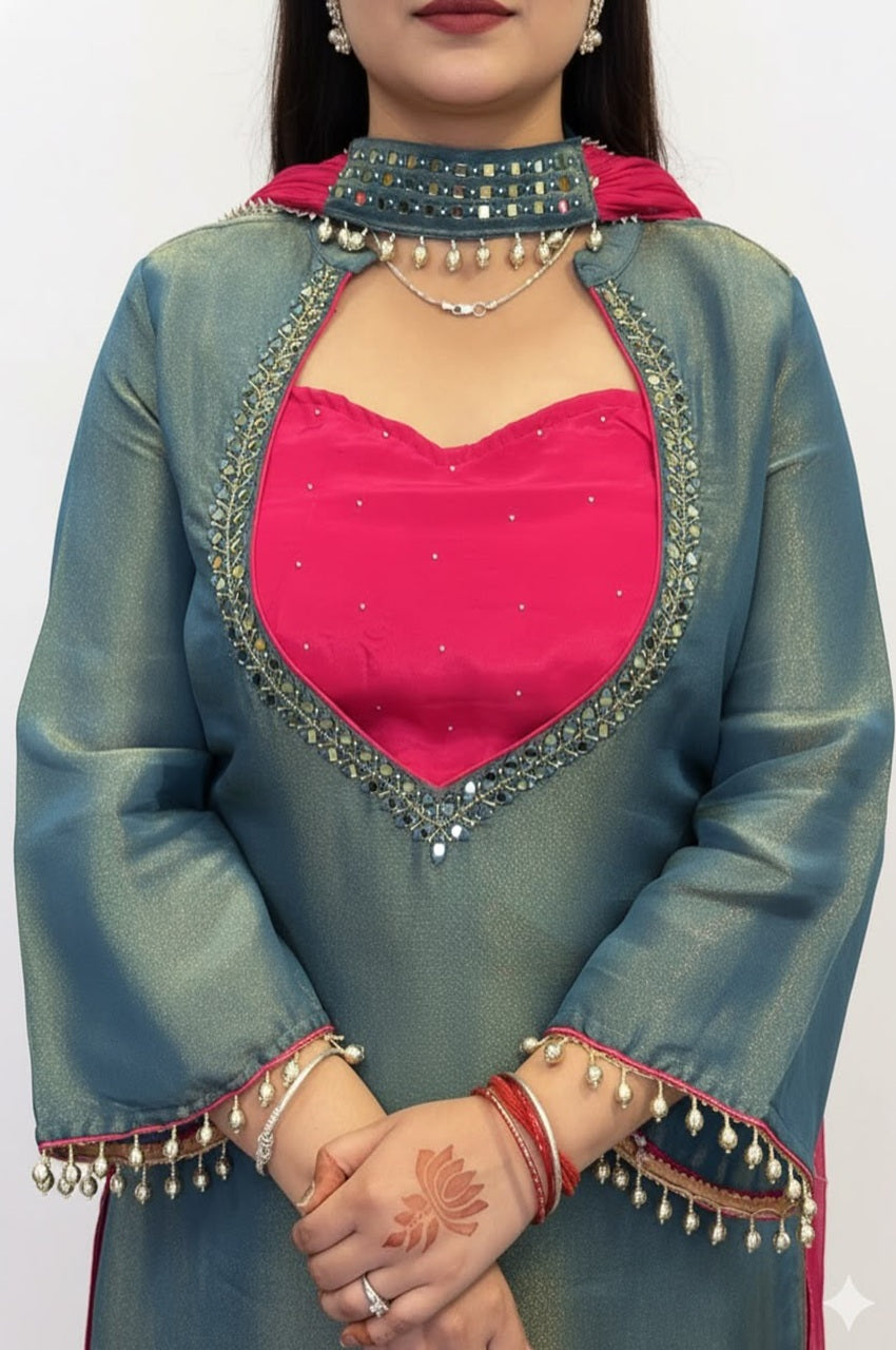 Premium Golden Roman Glass Silk Bustier Suit Set