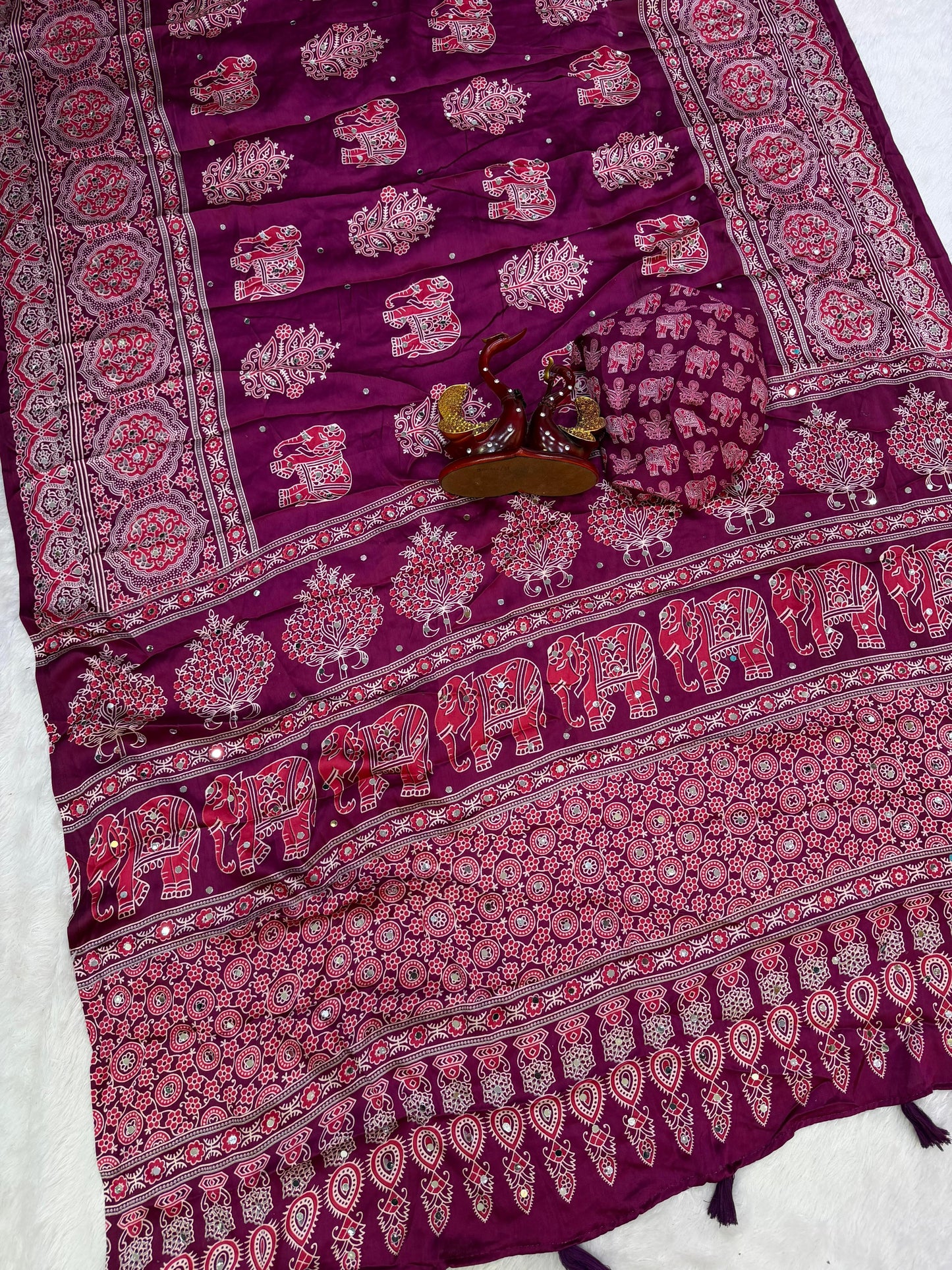 Elephant Mirror Work Ajrakh Printed Saree