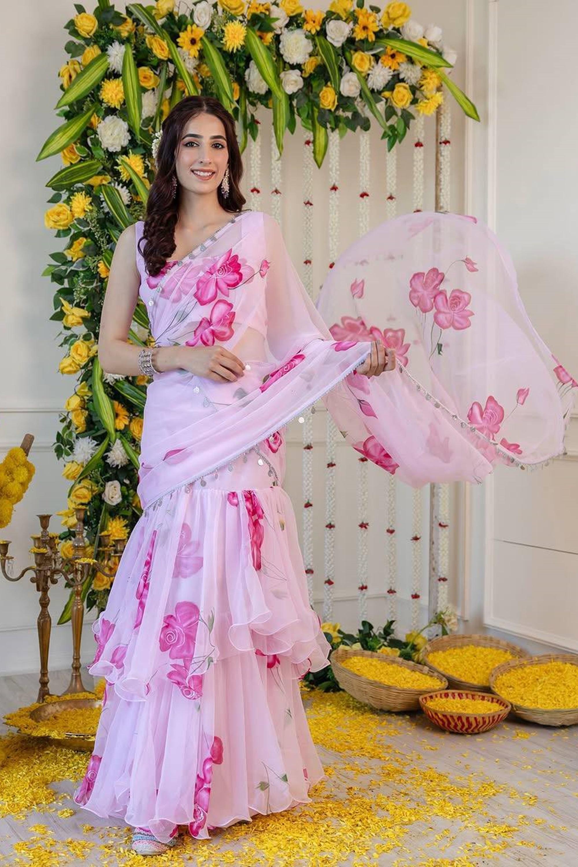 Light Pink Floral Georgette Ruffle Lehenga Saree with Stitched Blouse