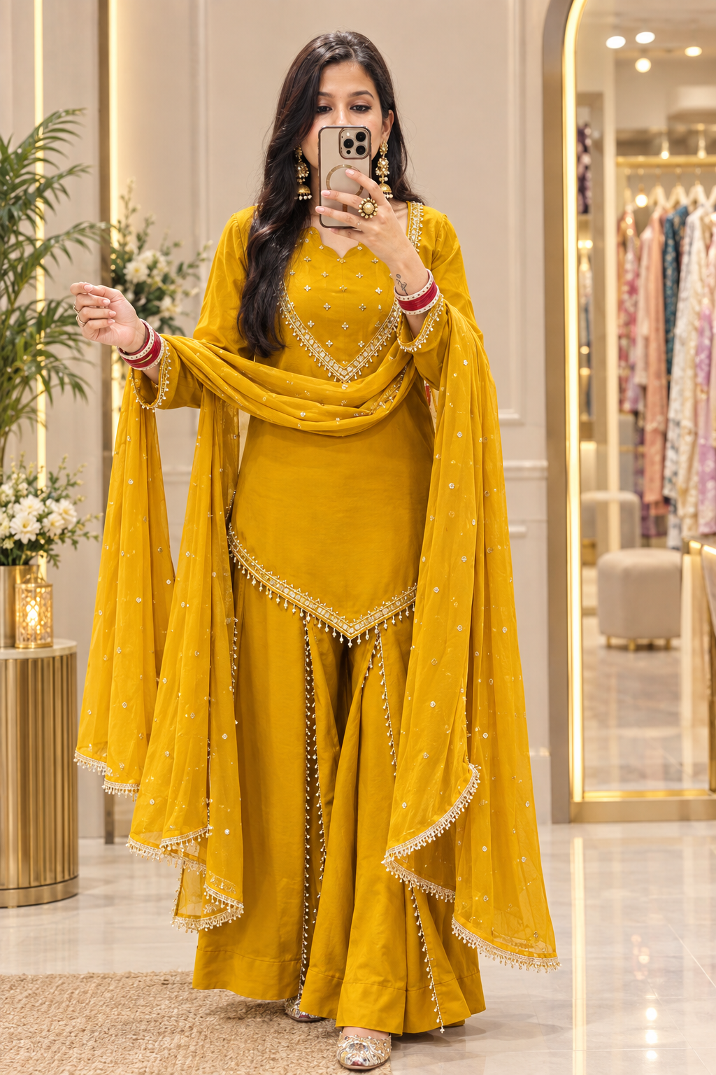 A woman modeling a mustard yellow traditional Indian salwar kameez suit with a matching dupatta in a boutique setting. The outfit features intricate silver embroidery, gold zari detailing, and a flared kurta with matching wide pants.
