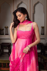 Menaka Pink Bandhej Print Anarkali Suit Set