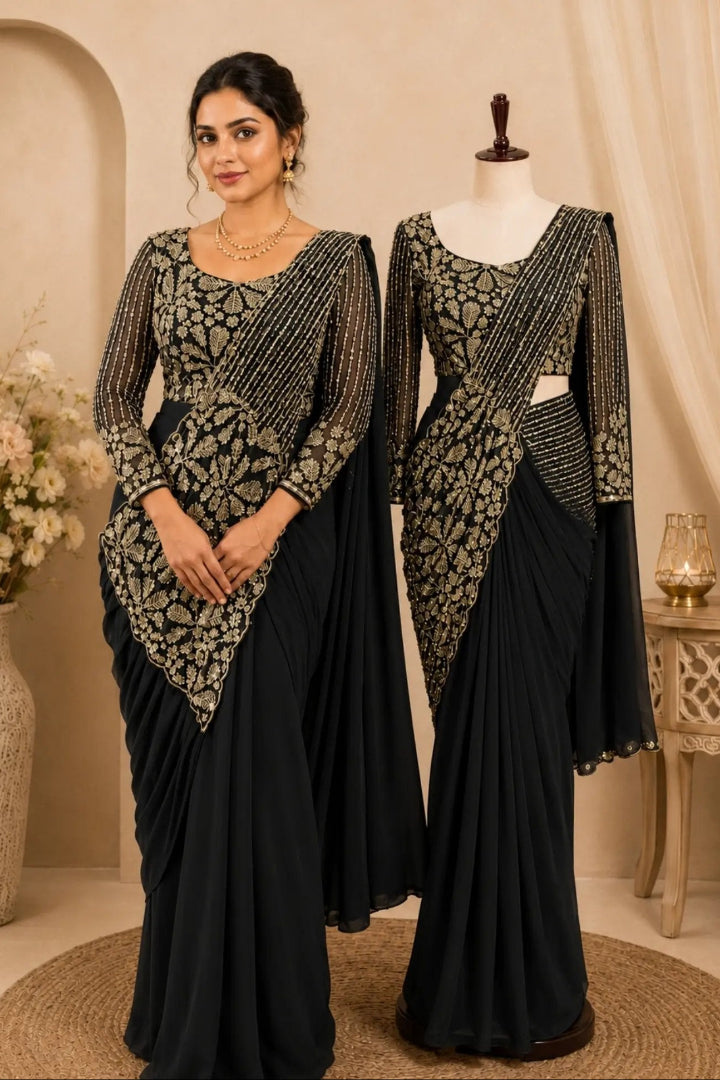 A woman and a mannequin display matching black and beige embroidered traditional sari gowns in an elegant indoor studio setting with neutral beige walls, draped fabric, and decorative floral arrangements.