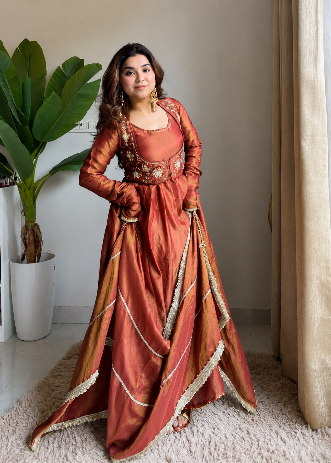 Rust Orange Embroidery Work Koti Anarkali Suit