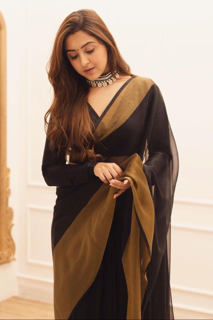 GLORIOUS DESIGNER LOOK CHIFFON BASE READY TO WEAR PREPLATTED SAREE