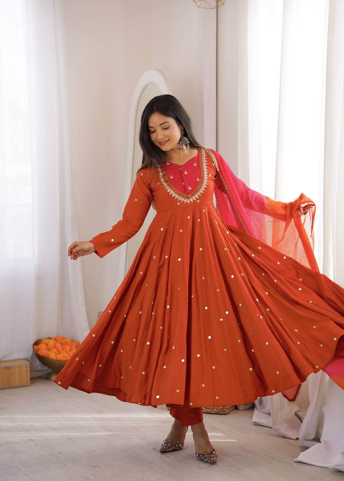 Full Flared Anarkali Suit With Delicate Mirror Work Detailing