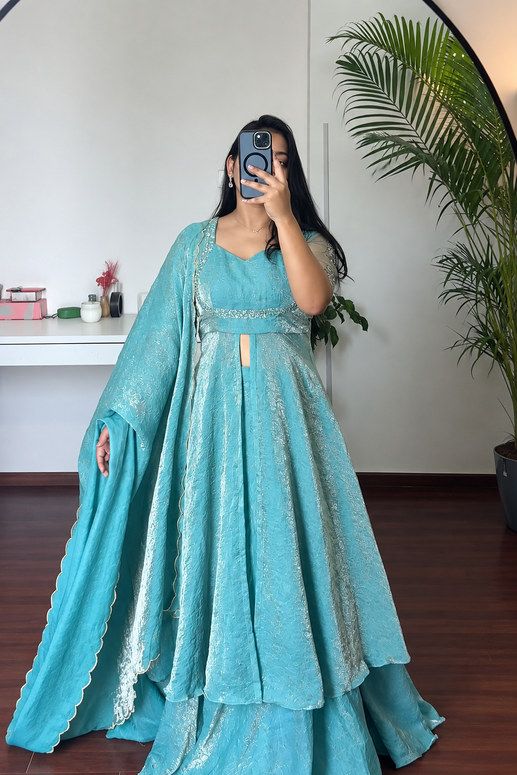 Teal Blue Flared Slit Anarkali Plazo Suit Set