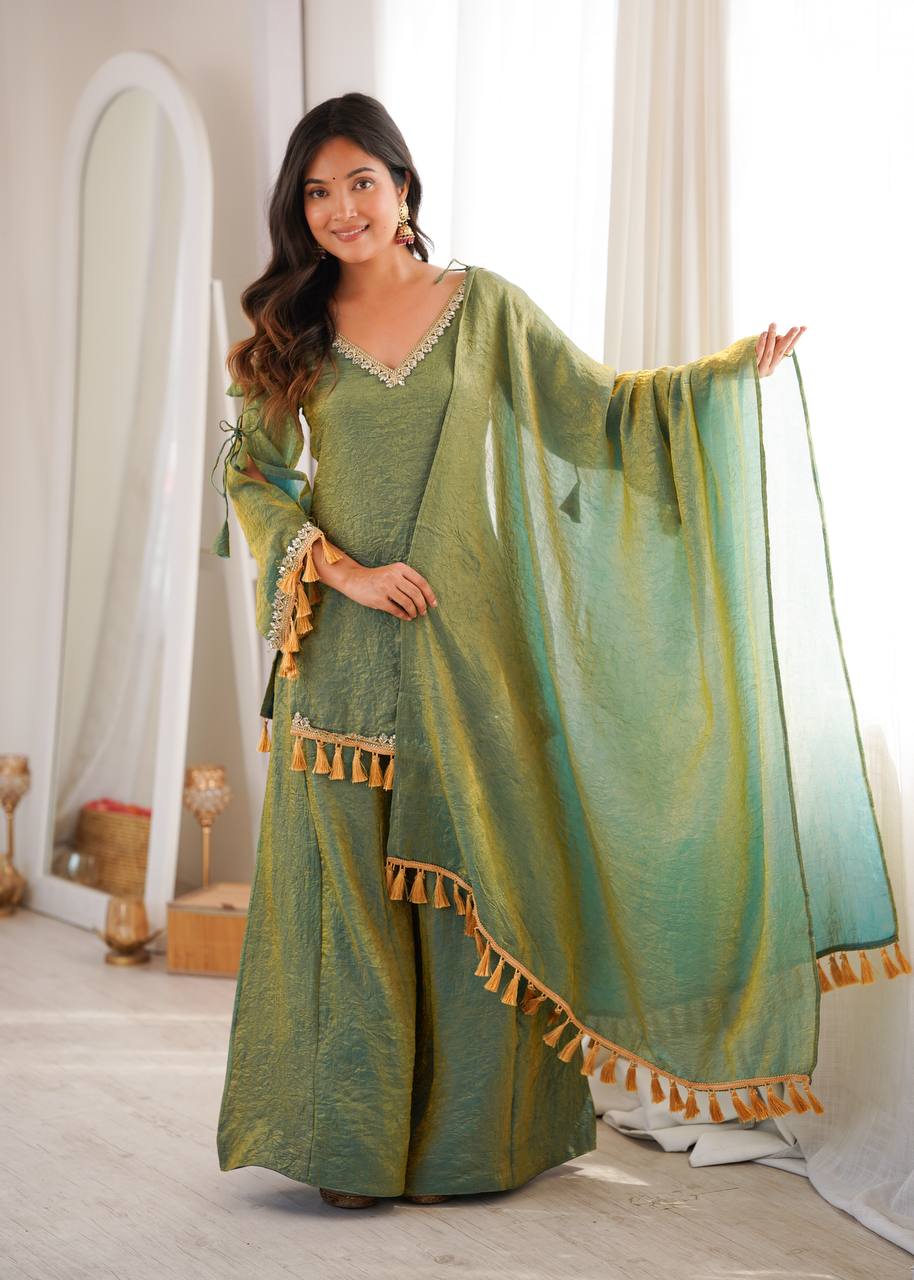 Gold Color Mirror & Tassel Work Ethnic Suit Set