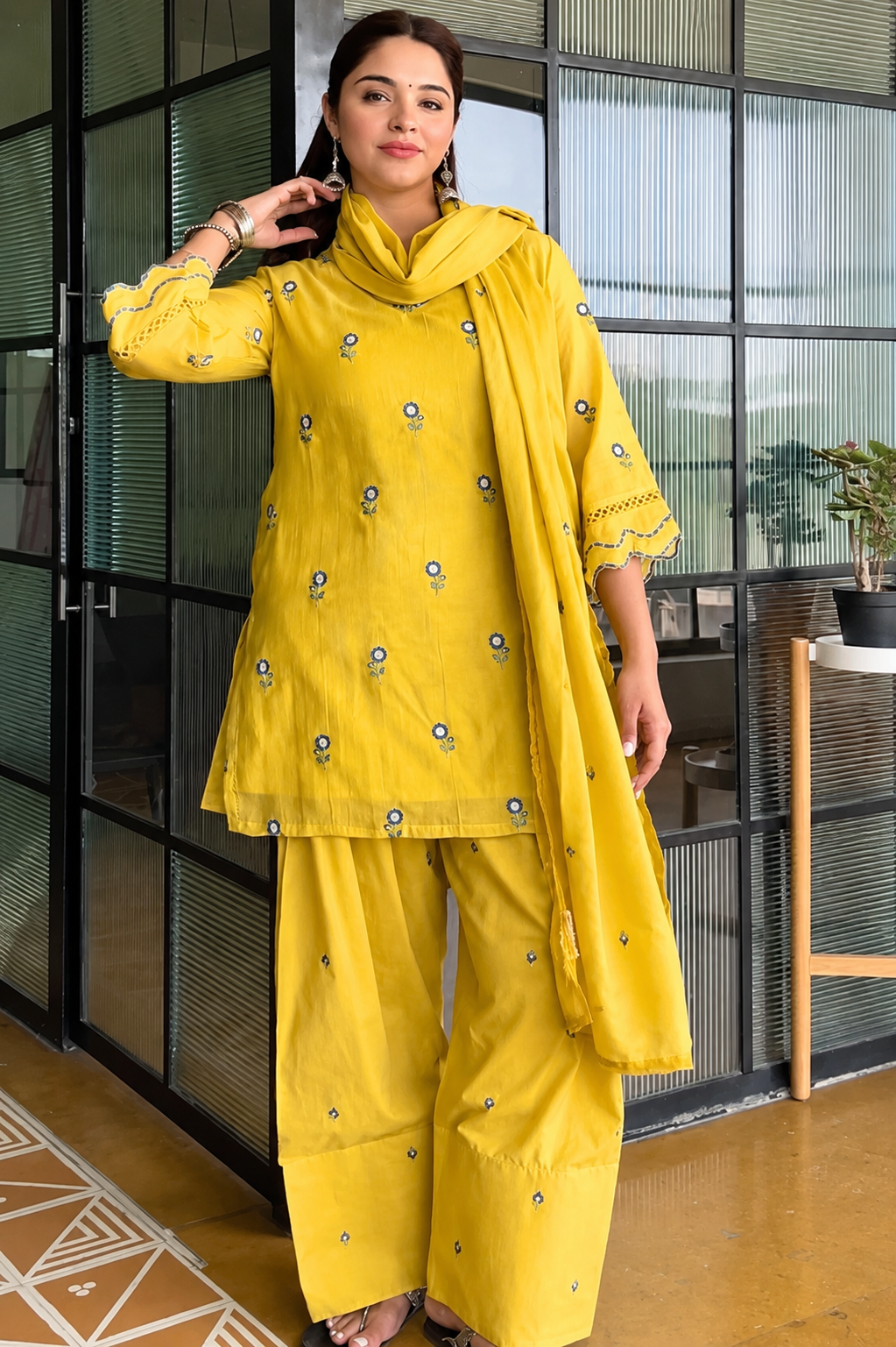 Yellow Embroidered Chanderi Kurta with Farshi Salwar