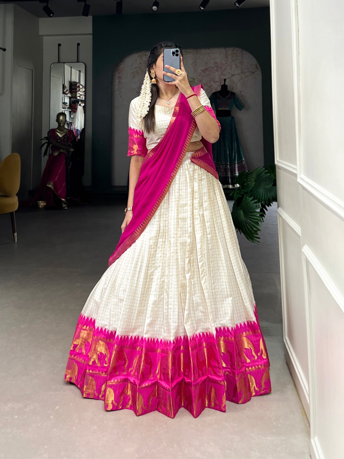 White And Maroon Color Poly Cotton Chex Onam Half Saree