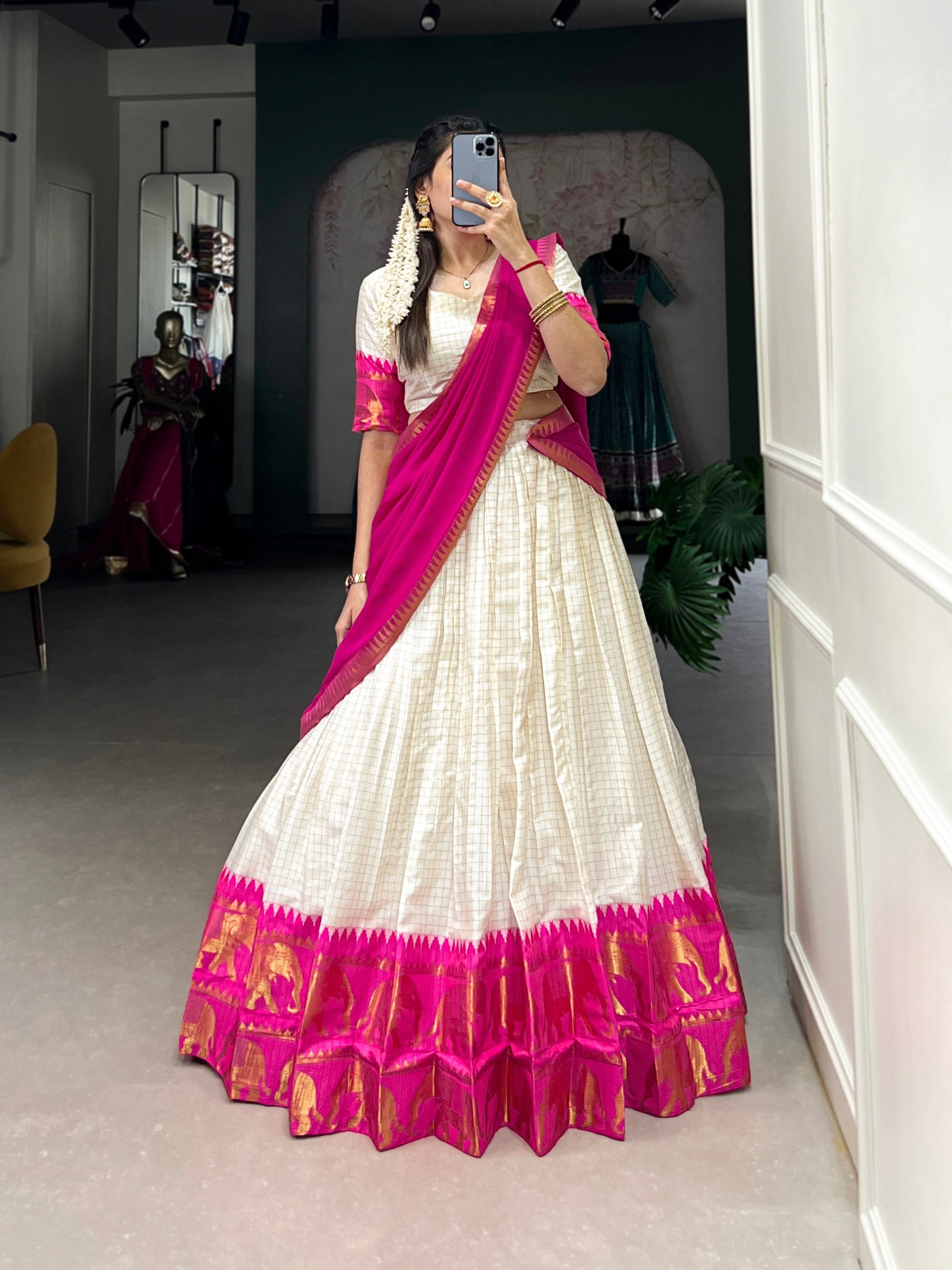 White And Maroon Color Poly Cotton Chex Onam Half Saree