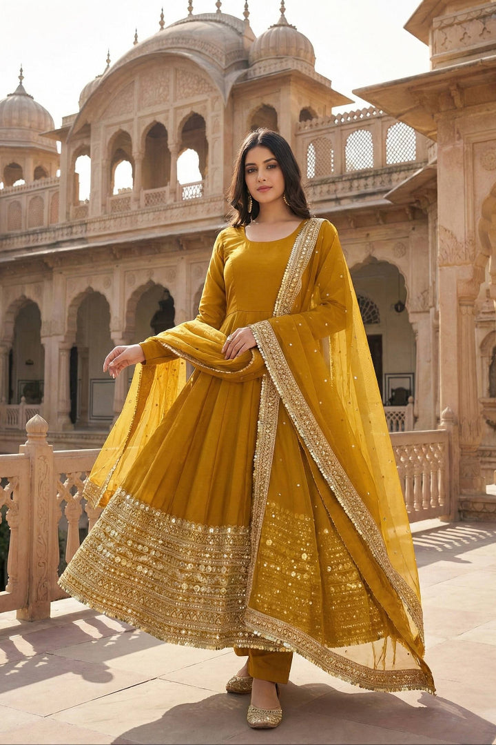 Woman in a yellow traditional outfit standing in front of an architectural building.