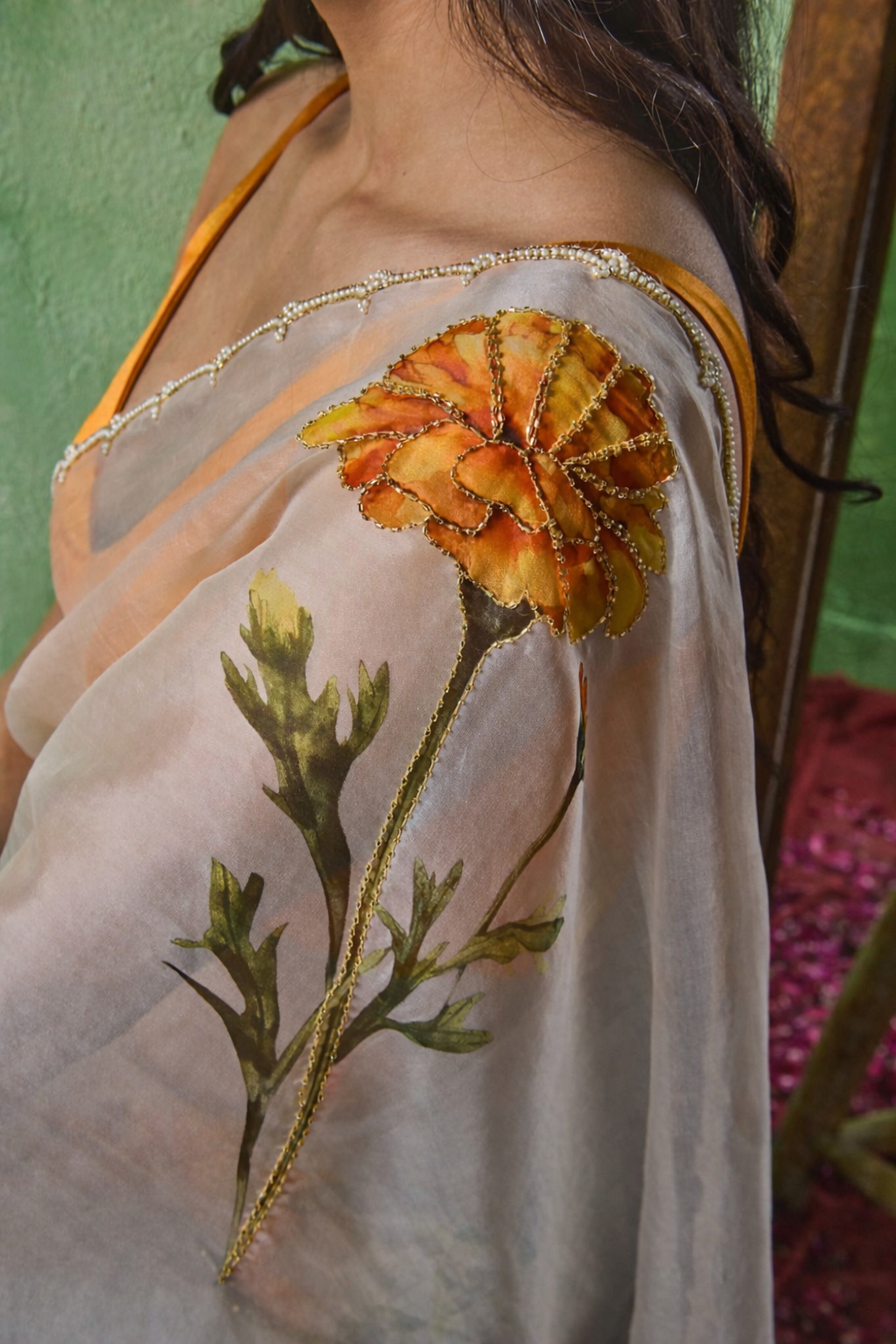 Marigold white organza silk saree