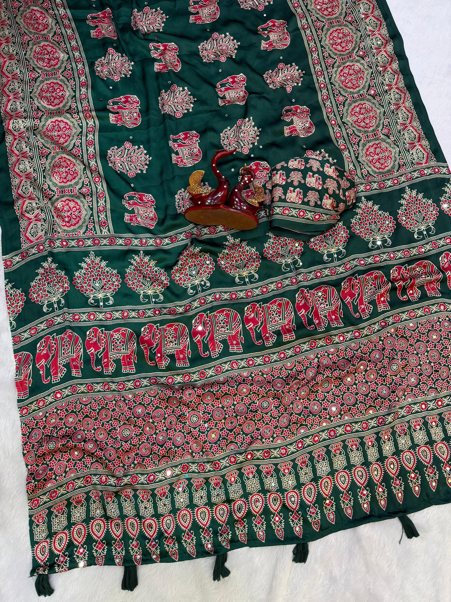 Elephant Mirror Work Ajrakh Printed Saree