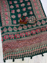 Elephant Mirror Work Ajrakh Printed Saree