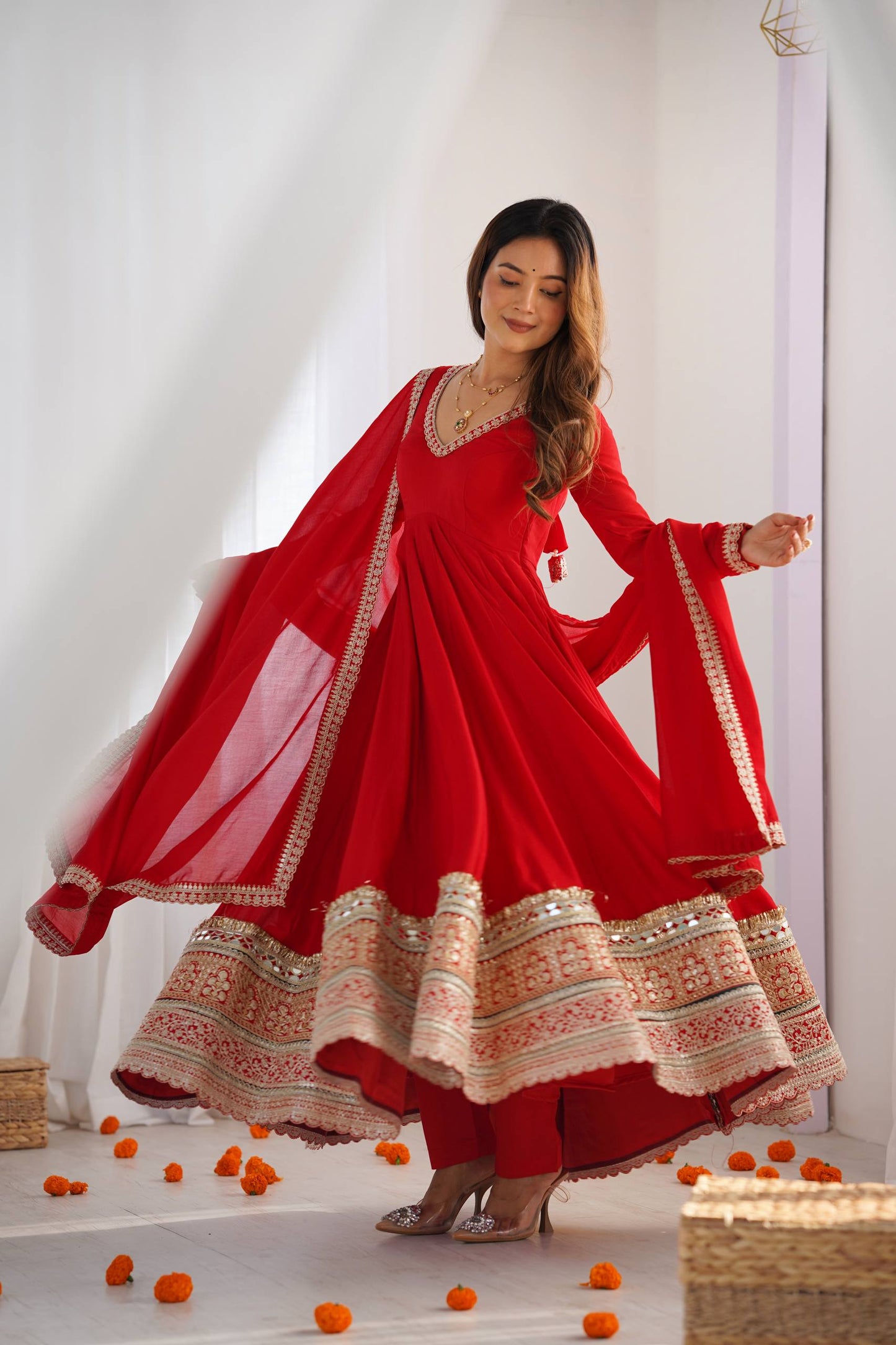 Red Blooming Embroidered Anarkali Suit Set
