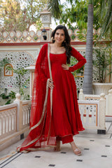 Red Anarkali Suit with Hand Work with Embroidered lace border dupatta