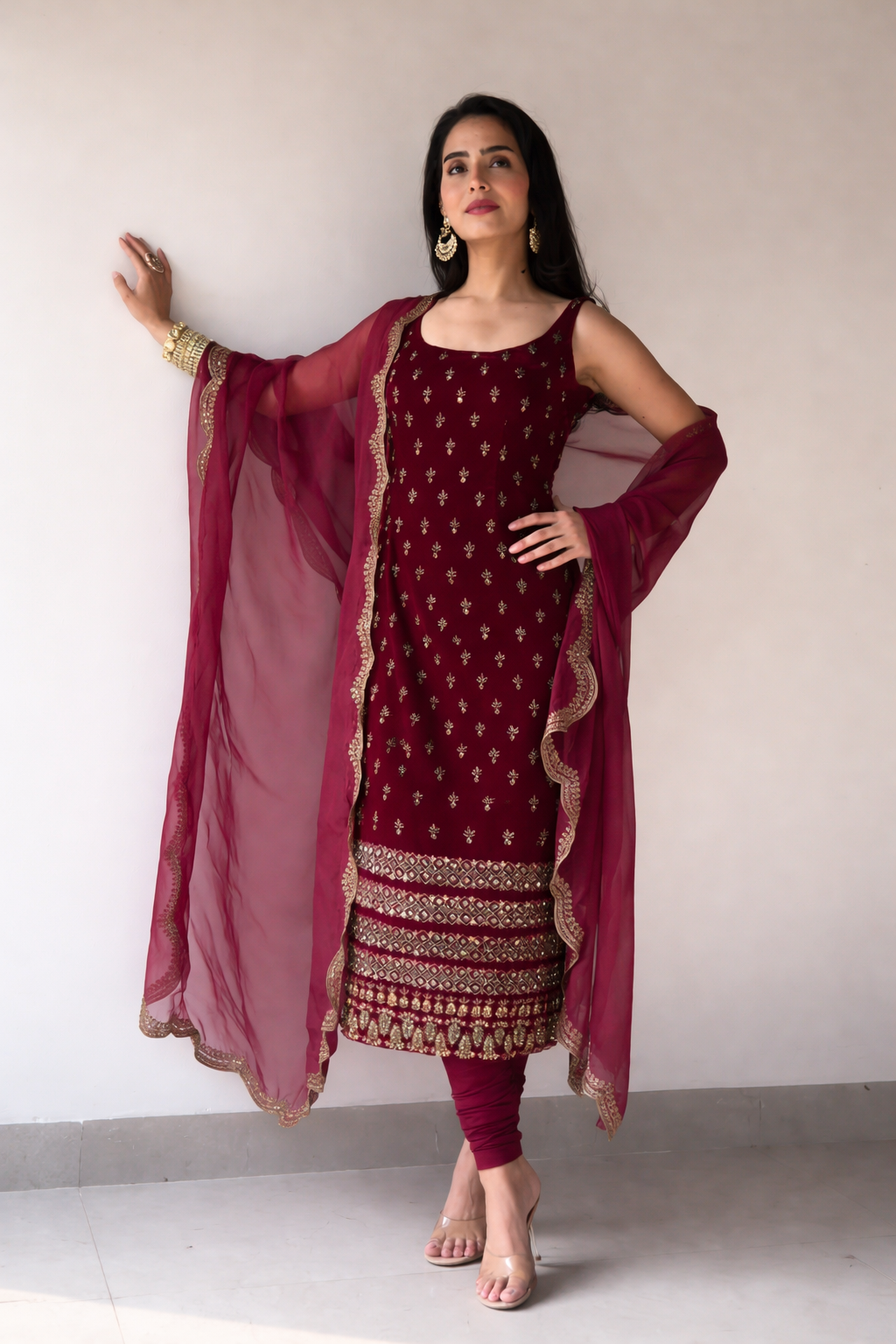 Maroon Heavy Embroidery Work Suit Set
