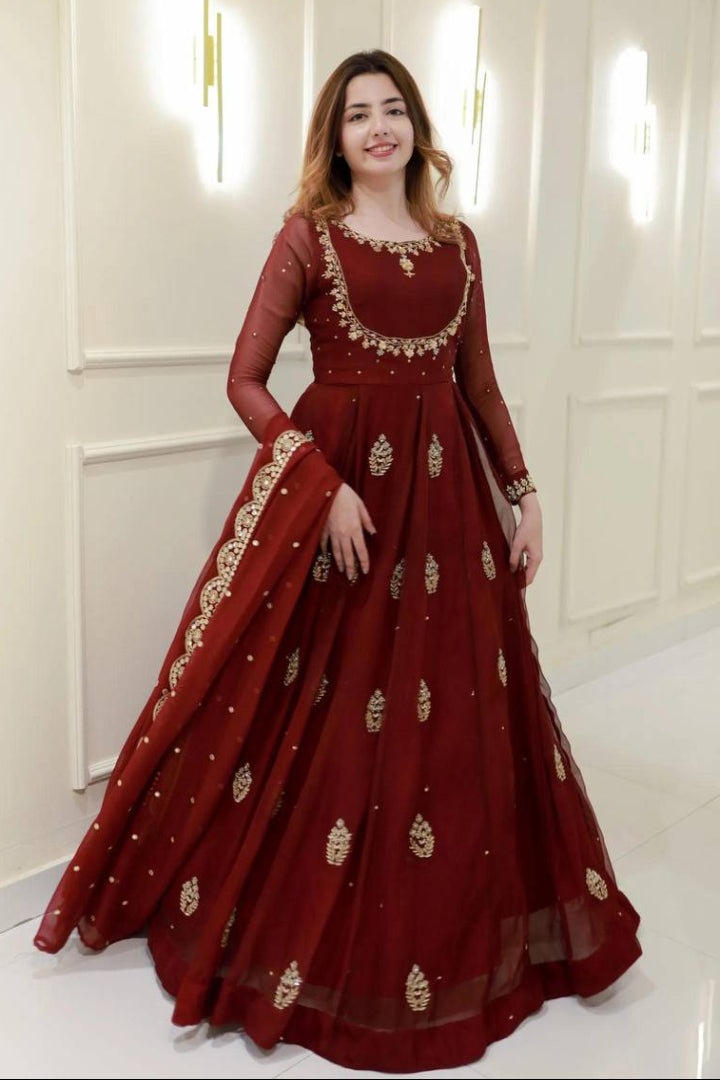 Maroon Designer Embroidery Sequins Work Gown
