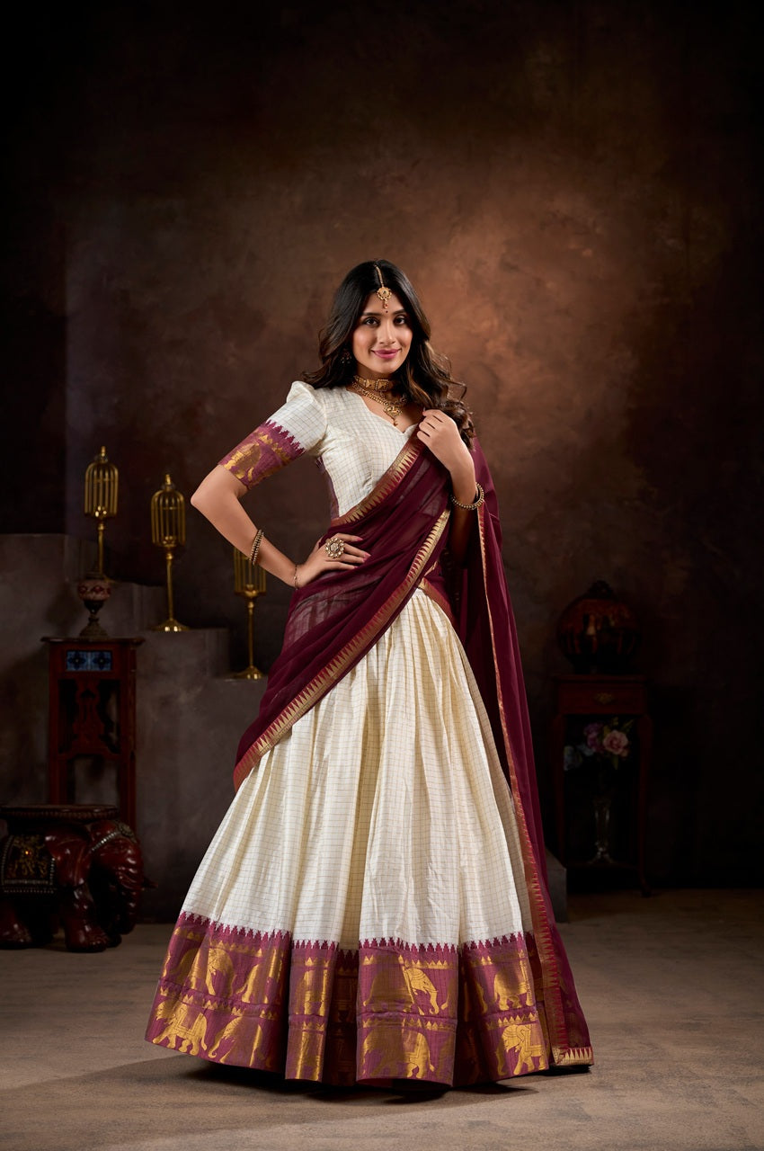 White And Maroon Color Poly Cotton Chex Onam Half Saree