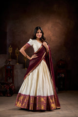 White And Maroon Color Poly Cotton Chex Onam Half Saree