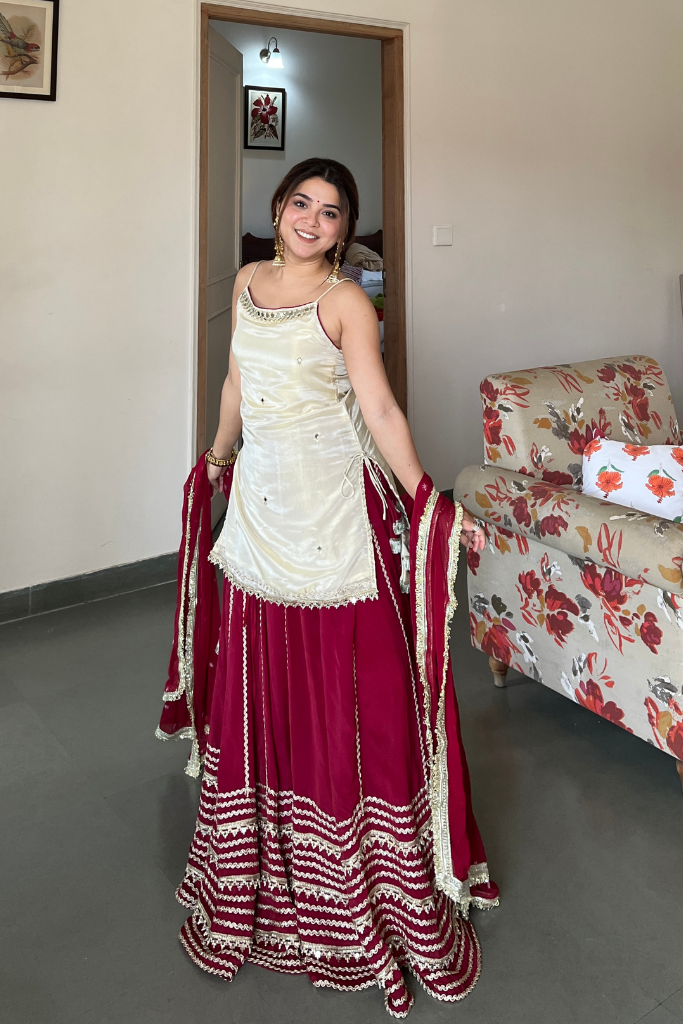 Ivory and Maroon Elegant Top Bottom Dupatta Suit Set