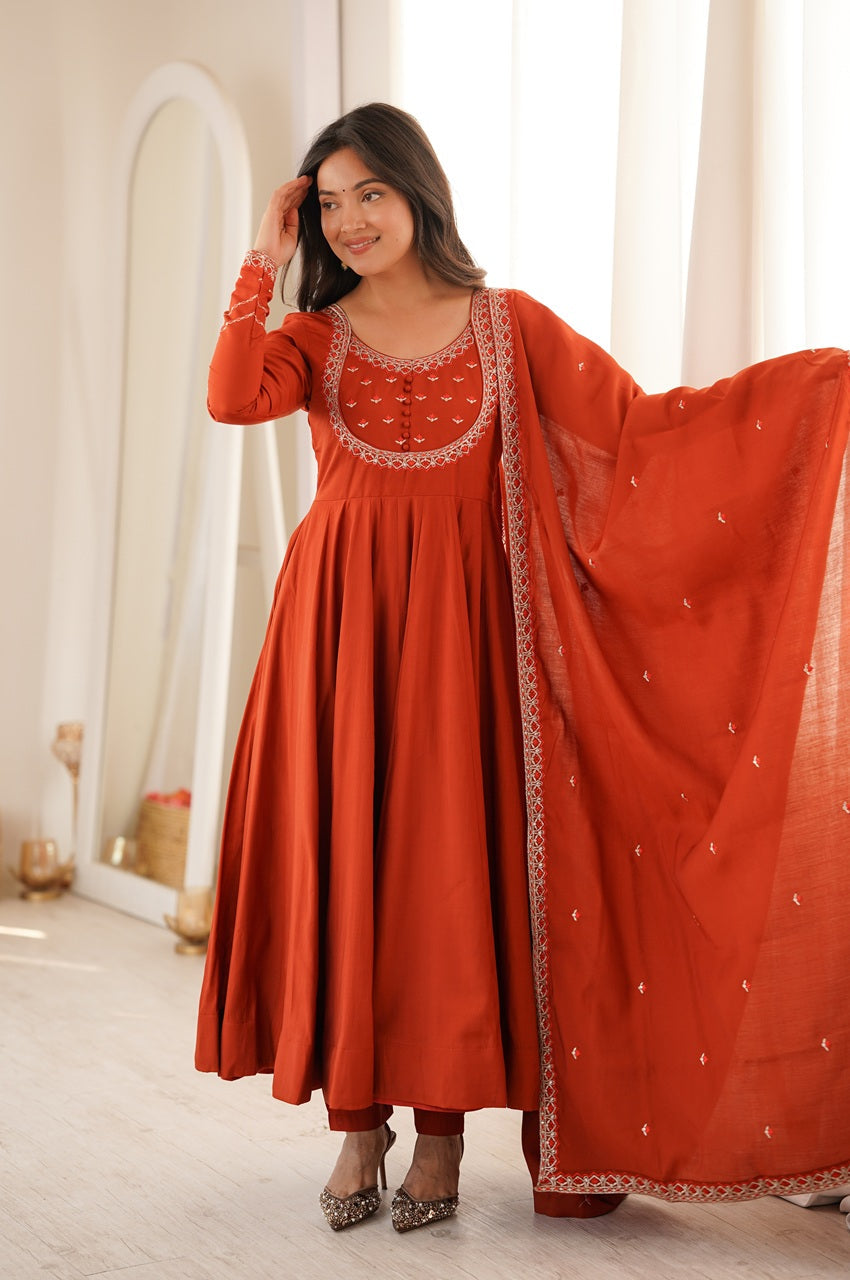 Rust Orange Chanderi Silk Embroidered 16 Kali Anarkali Suit