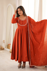 Rust Orange Chanderi Silk Embroidered 16 Kali Anarkali Suit